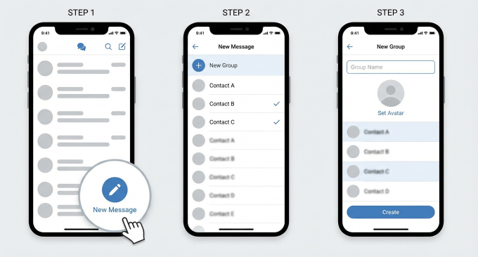 Three-step illustration of how to create a Telegram group on mobile with new group screen
