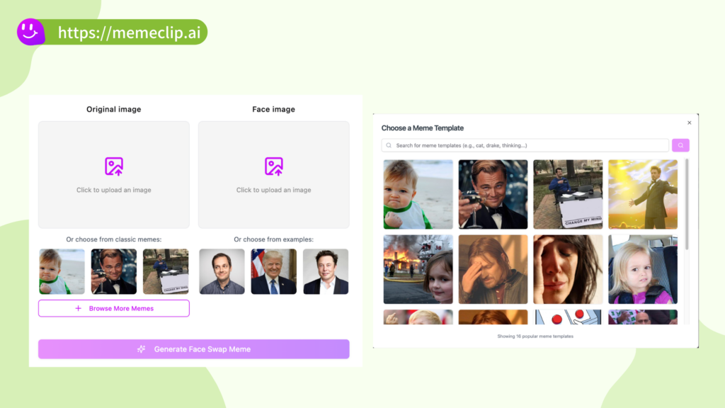 Screenshot showing the template selection interface with popular meme options - MemeClip