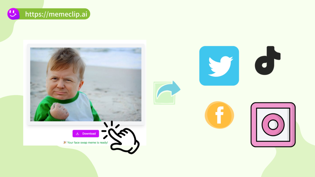 Final step showing the completed face swap ready for download and social sharing - MemeClip