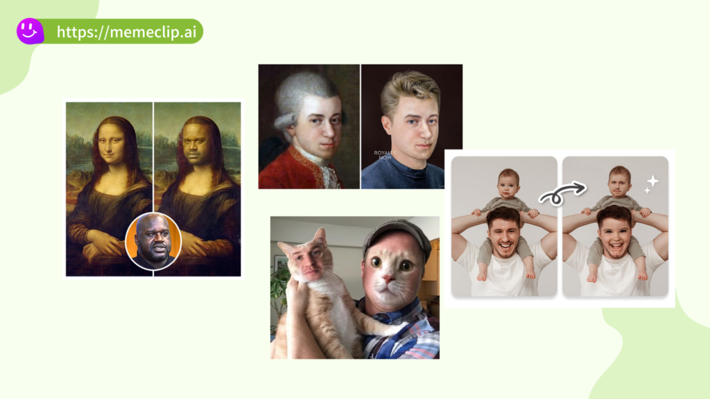 A collection of popular face swap formats: celebrity swaps, historical figures, animal-human combos, and family pranks - MemeClip