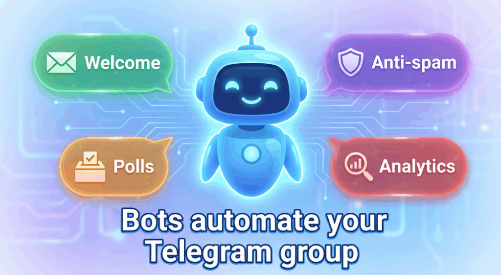 Illustration of a Telegram bot automating welcome messages, spam control, polls and analytics in groups