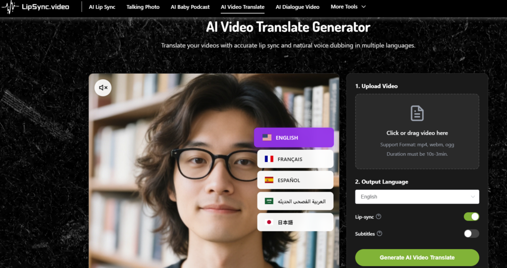 Lipsync.video’s AI Video Translate Generator