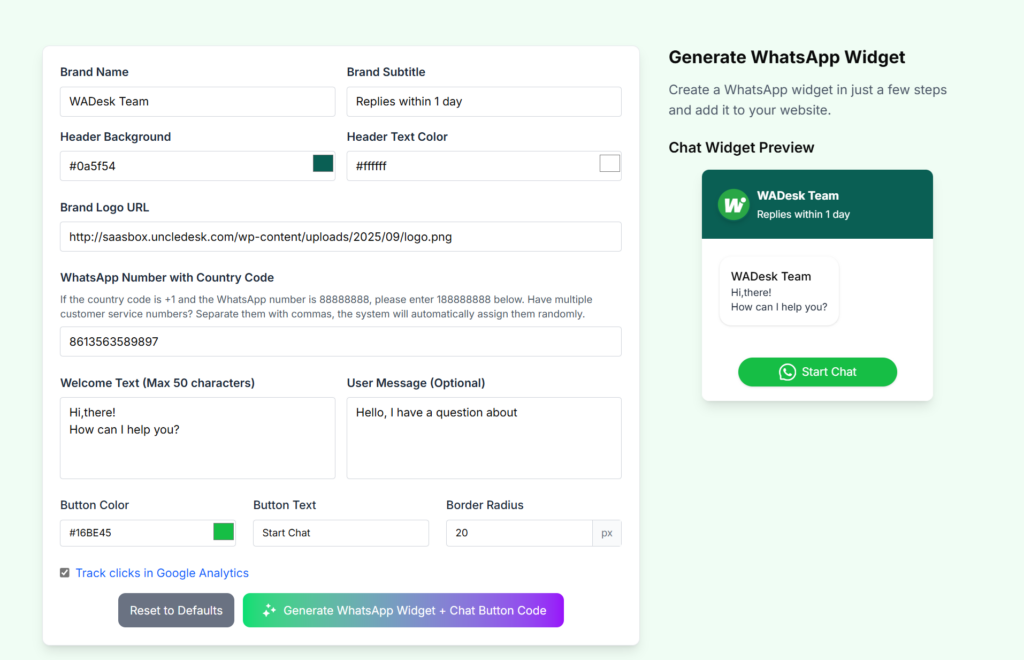 WADesk WhatsApp widget generator