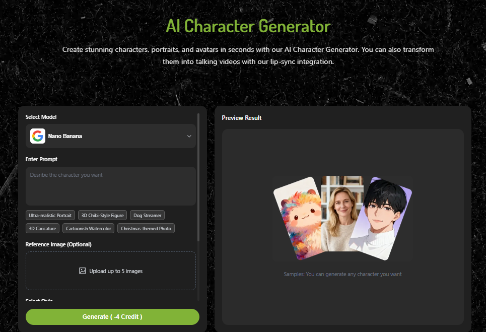 AI Character Genertator interface for creating custom Santa video