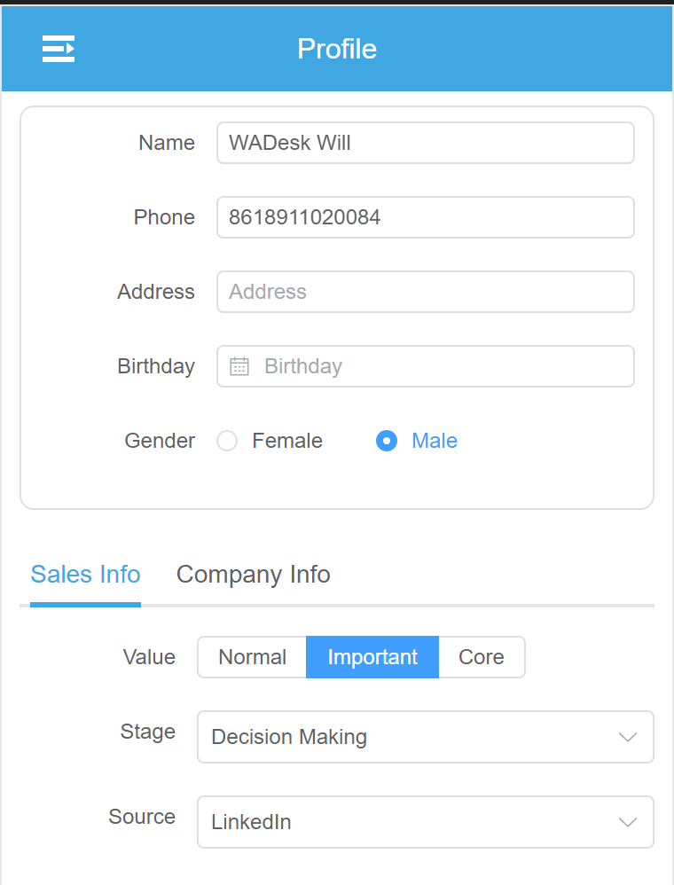 TGDesk Telegram CRM Customer Profile