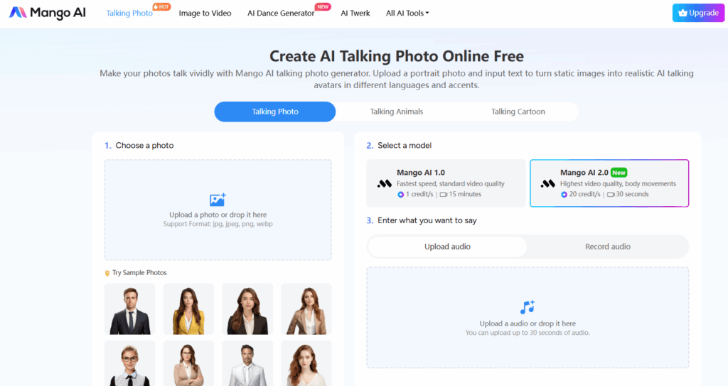 Mango AI talking photo and novelty video interface