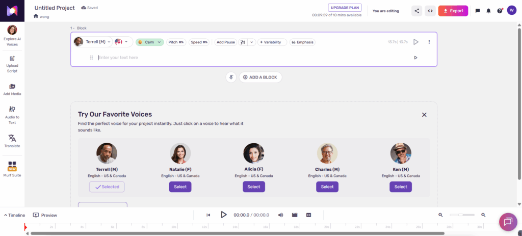 Murf AI Spanish text to speech tool with pause control and dialect options