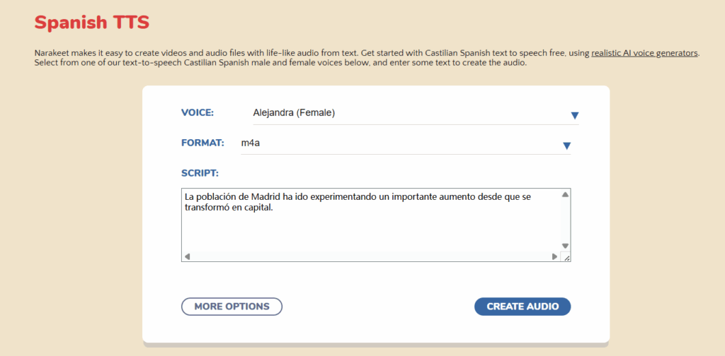 Narakeet Spanish text to speech with regional accent selection and audio duration estimate