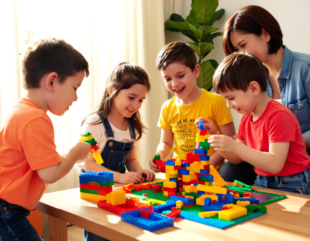 Kids playing Lego with mother