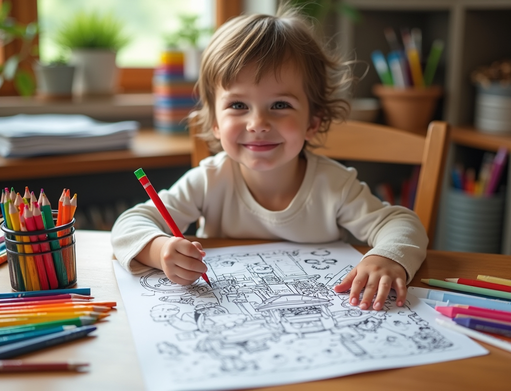 Kid enjoying LEGO coloring with colored pencils
