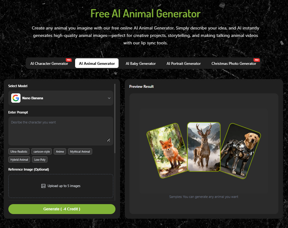 AI animal generator interface for happy new year cat image creation.