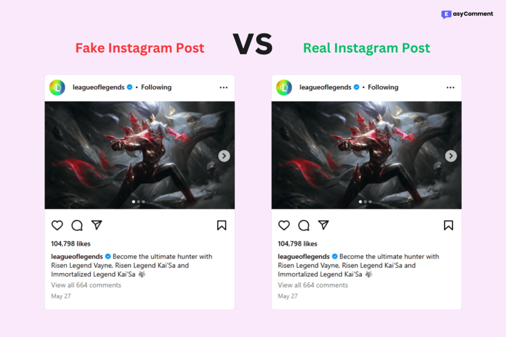 Comparison between real and fake Instagram posts