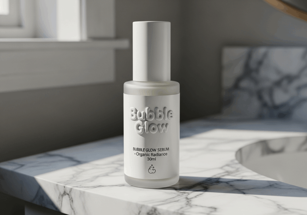 Elegant bubble font branding on premium skincare packaging.