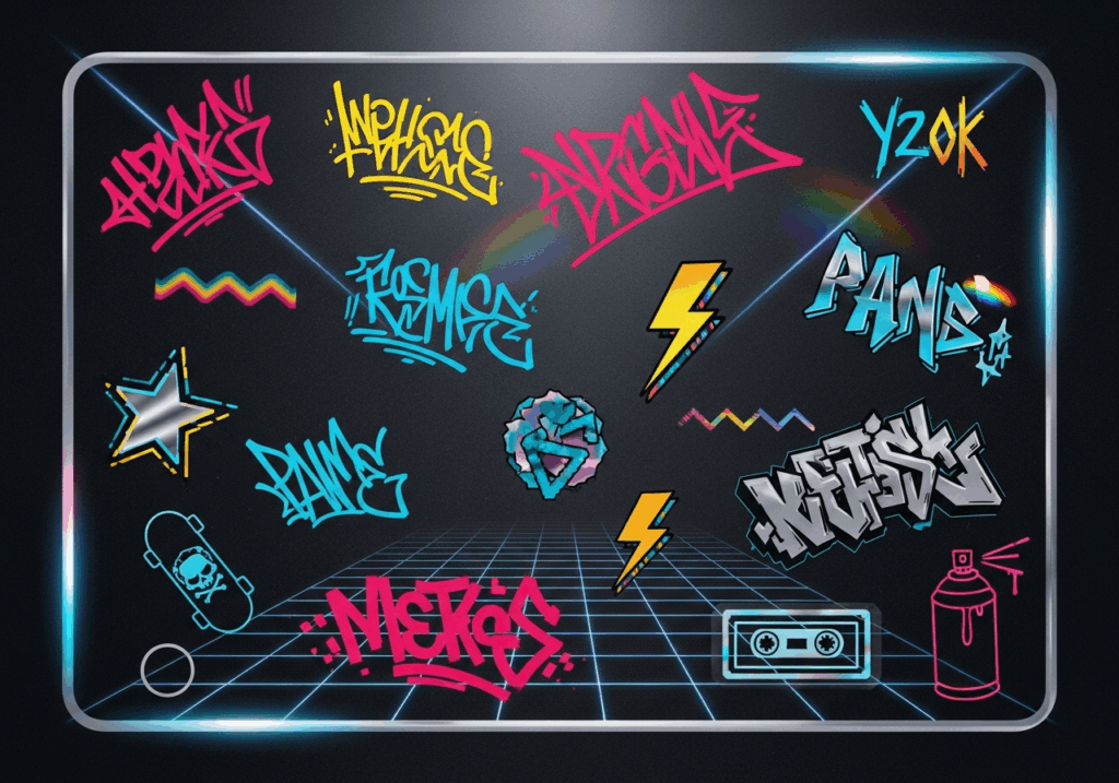 Y2K aesthetic moodboard featuring graffiti alphabet font elements and subculture design motifs