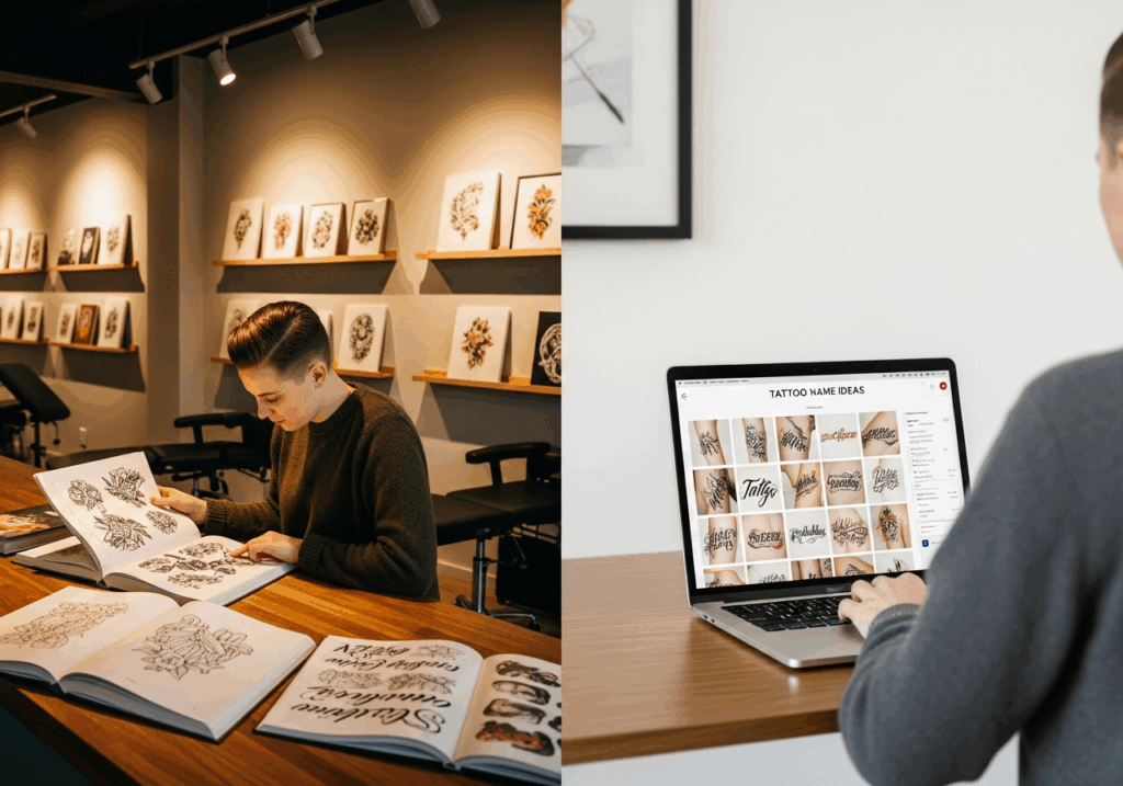 Real-life comparison of browsing printed designs in a modern tattoo studio and searching Pinterest for tattoo ideas for name