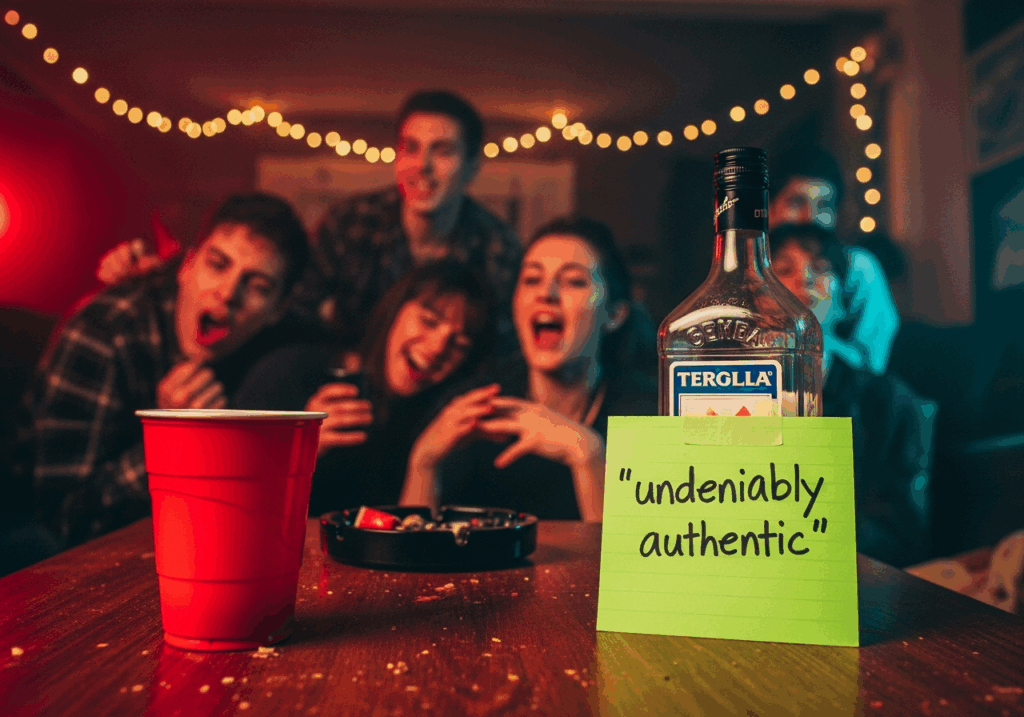 a crowded house party with motion-blurred dancers and ugly flash lighting.