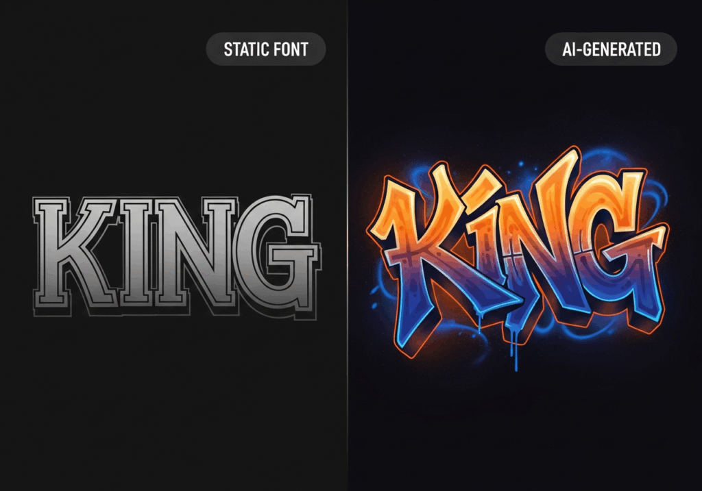 Side-by-side comparison of static font mapping versus AI-generated graffiti alphabet font composition