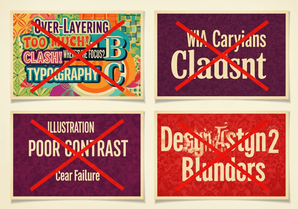 Warning illustration showing four common retro font design mistakes
