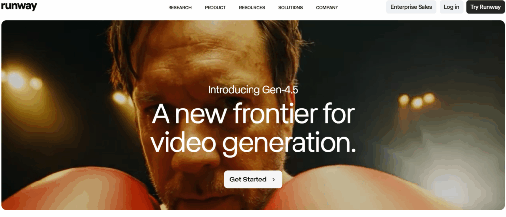 Runway webpage announcing Gen-4.5 for video generation