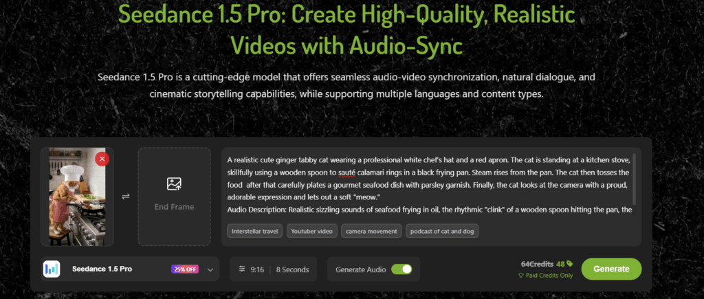 This interface shows Seedance 1.5 Pro generating a cat cooking video.