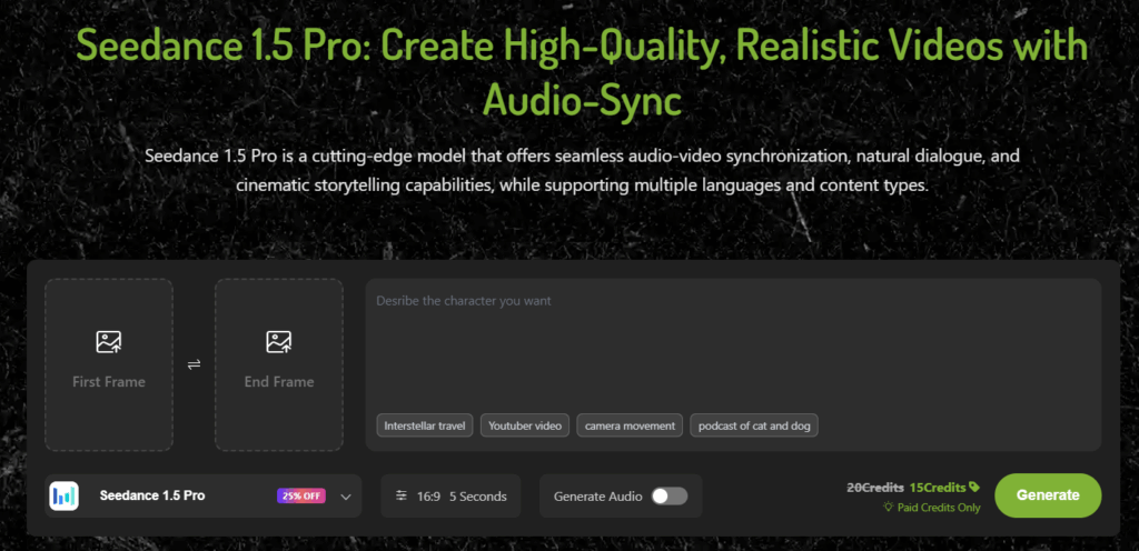 Seedance 1.5 Pro AI video generator interface