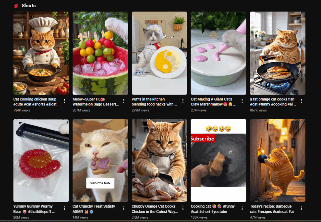 A collage of popular YouTube Shorts featuring cats cooking food.