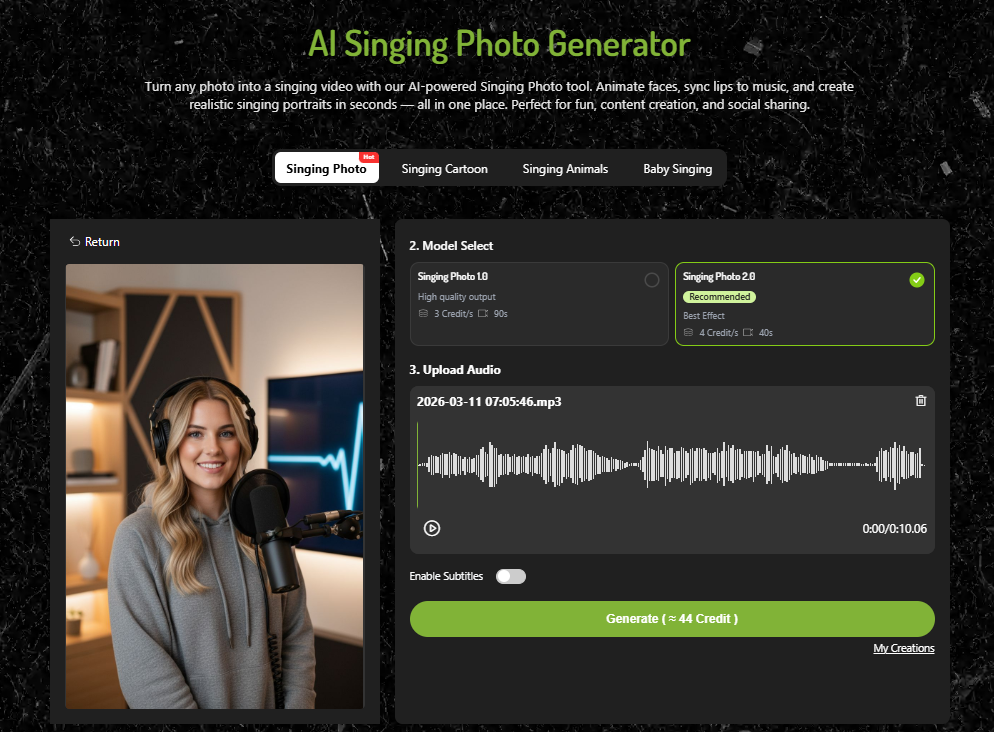 The interface of Singing Photo