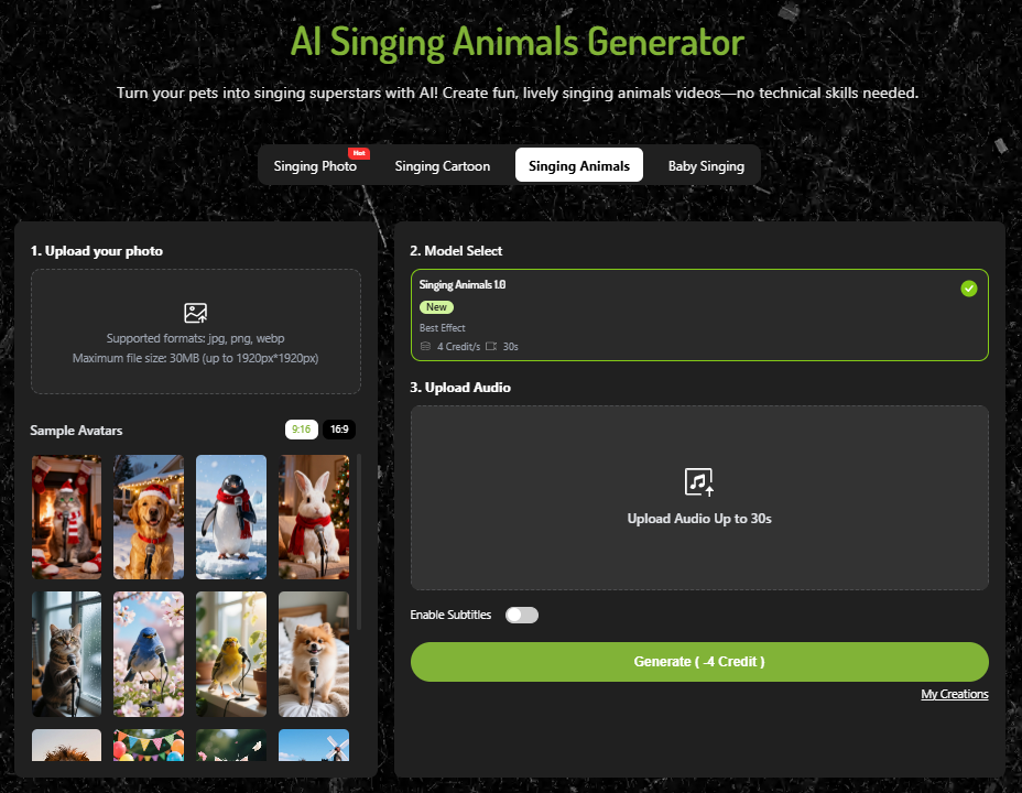 Singing animals interface for happy new year cat singing video creation.