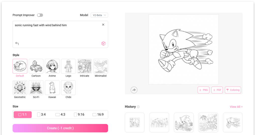 Generate a sonic coloring page with iColoring.ai