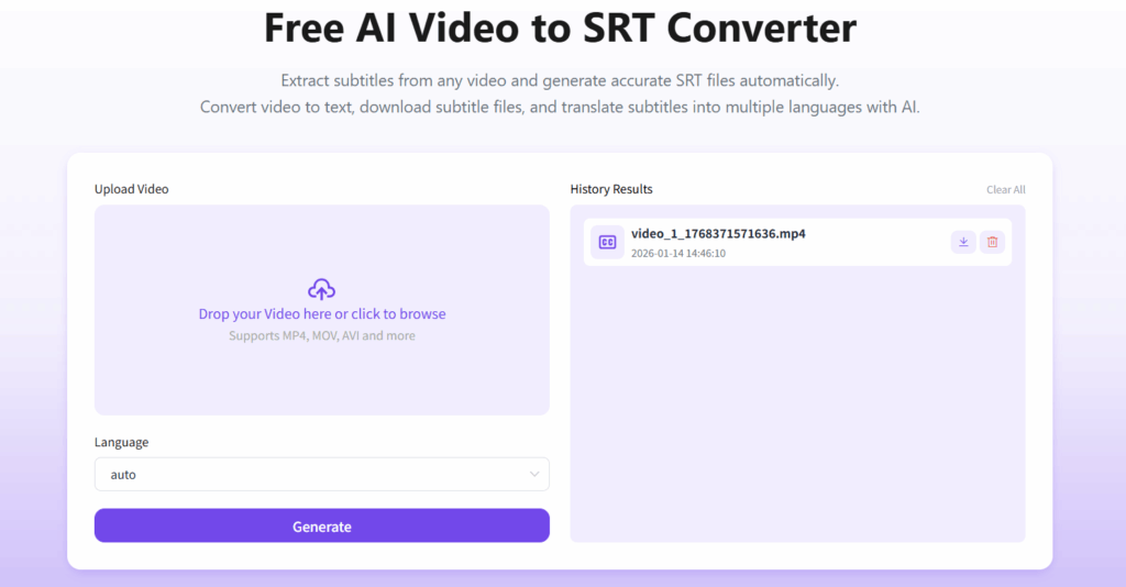 The interface of Video to SRT Converter