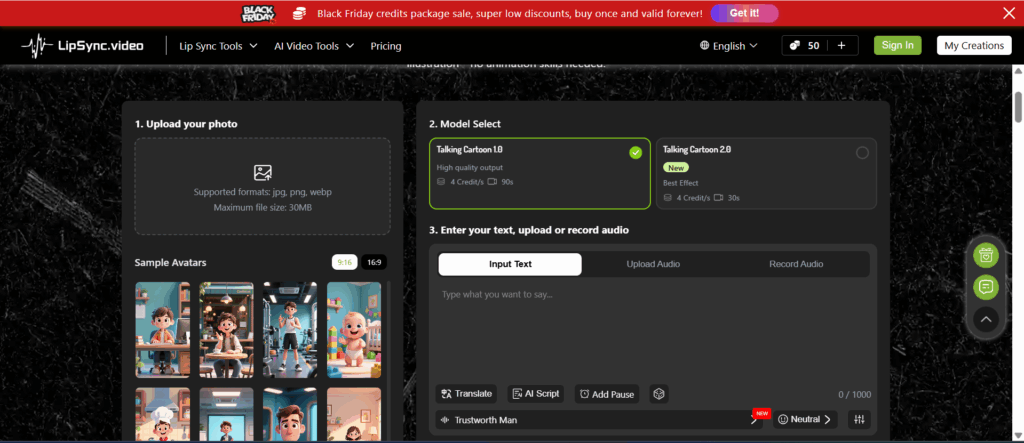 Lipsync.Video interface showing the process of creating a talking cartoon video