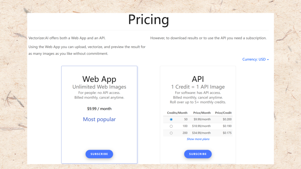 Pricing of Vectorizer.ai