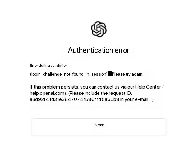 Authentication error,(login_challenge_not found_in_session)Please try again.