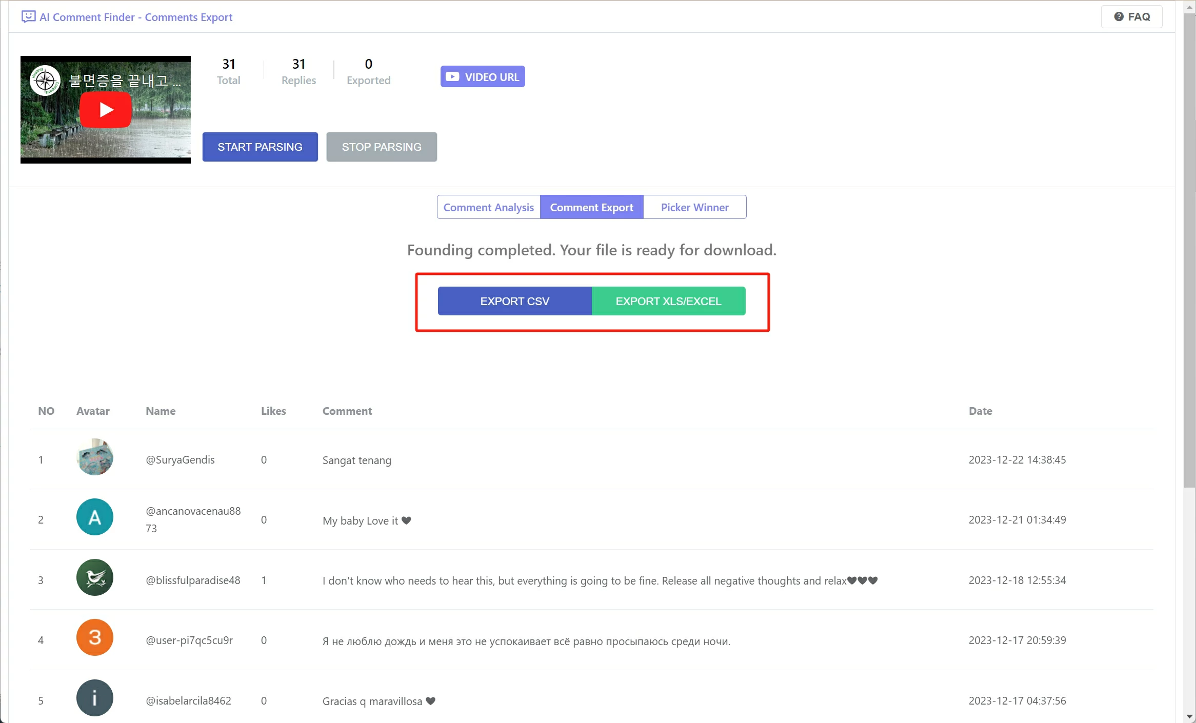 Youtube Comment Finder convert CSV or Excel File