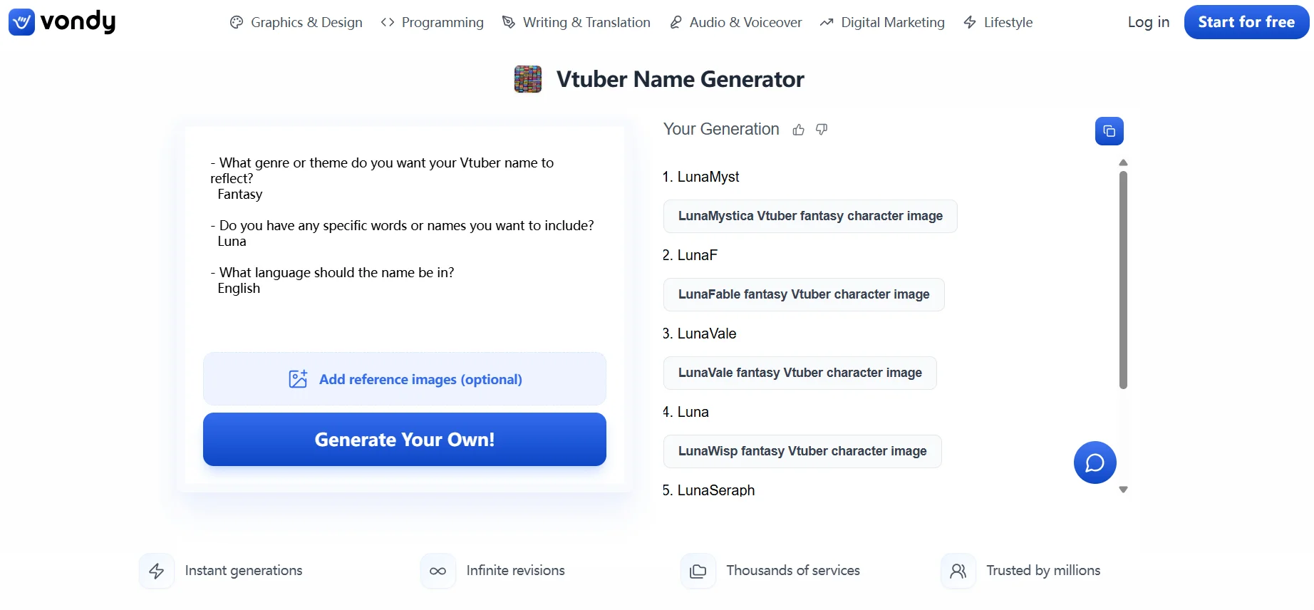 Vondy VTuber name generator