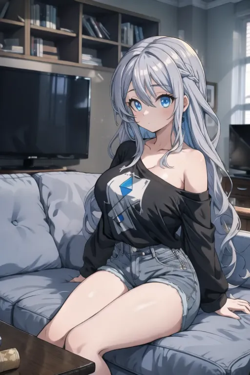 a anime girl sitting on the sofa