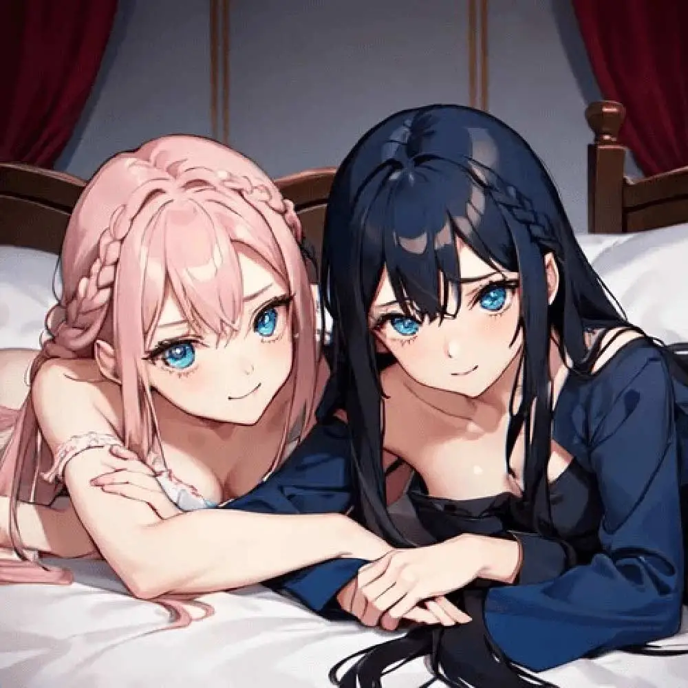 Two anime lesbians lying on bed