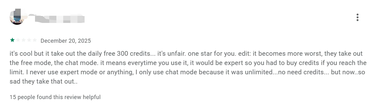 Negative user review highlighting Manus AI high credit burn rate and the removal of free daily credits in December 2025