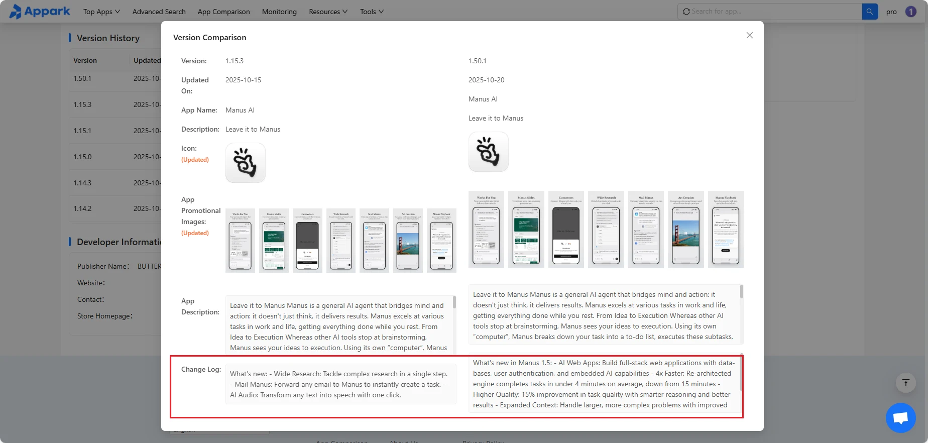 Appark version comparison tool displaying the Manus AI 1.5 change log, featuring new AI Web Apps capabilities and 4x faster engine updates.