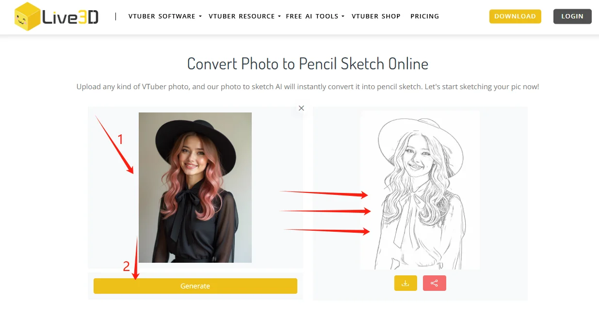 The process of sketching a face from a photo on Live3D