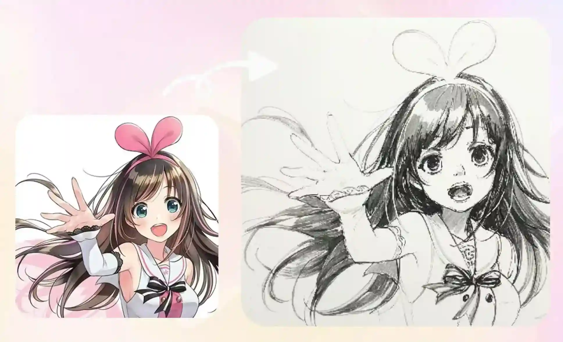 Stunning Kizuna AI sketch made by photo to sketch AI